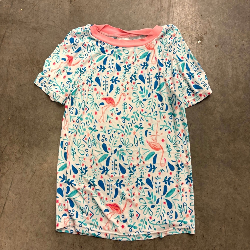 Floatimini Girls Flamingo Tropical Rash Guard Swim Shirt Pink Teal Size 6X